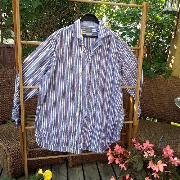 Thomas Dean blue red white stripe patterned dress shirt - Picture 5 of 9